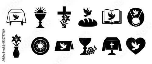 Set of black christian religious icons for communion, baptism, and confirmation including cross, dove, chalice, and bible, isolated on a white background