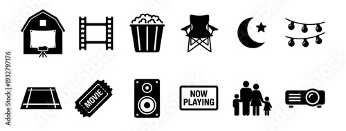 Set of black glyph icons representing an outdoor movie night, with symbols for a projector, screen, popcorn, and family, isolated on a white background for design projects