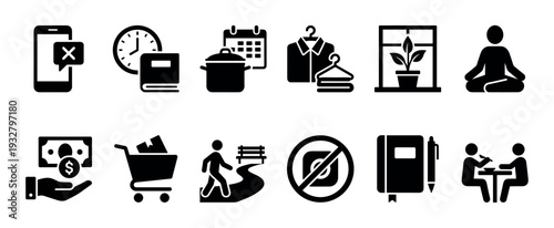 Set of black solid glyph icons representing daily routine, lifestyle, and digital detox concepts like meditation, shopping, and finance, isolated on a white background