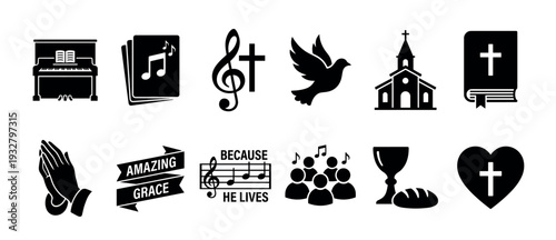 Christian religious music and faith icon set including a bible, cross, church, dove, and praying hands, representing worship, praise, and spirituality, isolated on a white background