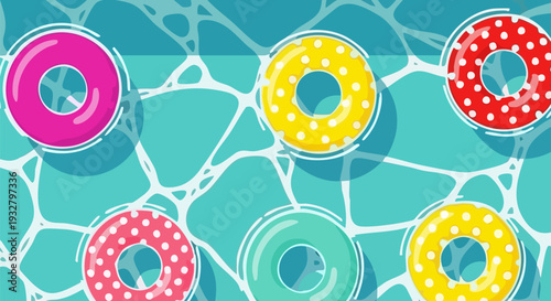 Colorful Inflatable Swim Rings Floating on Blue Water Vector Background