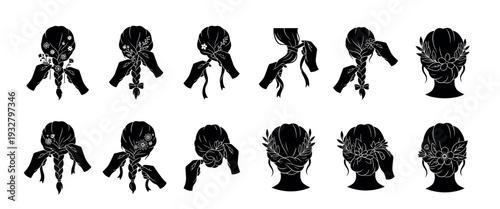 Black silhouette collection of female hairstyles with braids and updos decorated with flowers, showing the process of hair styling with hands, isolated on a white background
