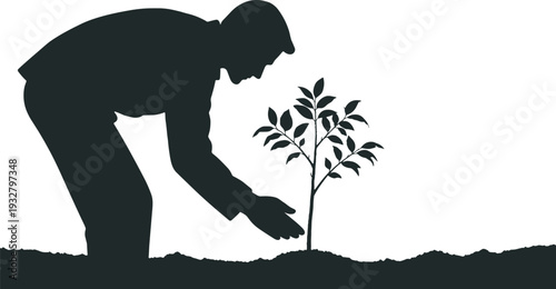Man planting young tree silhouette, environmental conservation and sustainability concept vector isolated on white background
