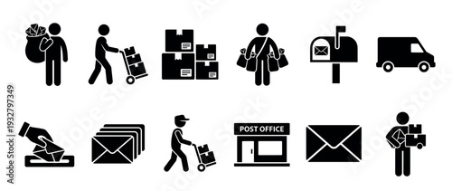 Black postal service and mail delivery icons showing a postman, packages, van, mailbox, and post office building in a minimalist vector pictogram set for shipping and logistics concepts
