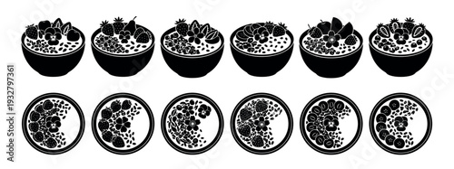 Set of black and white breakfast bowls with fruit, berries, and granola toppings shown from side and top views in a graphic silhouette style isolated on a white background