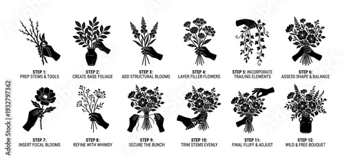 Flower arranging tutorial infographic with twelve steps showing how to create a wild bouquet, a black silhouette vector illustration isolated on a white background