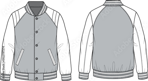 Blank Varsity Letterman Jacket Technical Fashion Flat Sketch Vector Template with Front and Back View for Apparel Design Mockup and Manufacturing