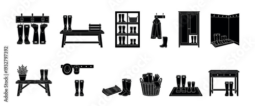 Rubber boot storage solutions icon set in a black silhouette style, featuring various furniture and accessories for a mudroom or entryway, isolated on a white background