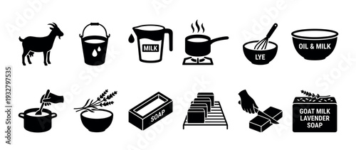 Goat milk soap making process icon set showing step-by-step instructions for creating handmade lavender soap, from milking the goat to cutting the final bars, isolated on white