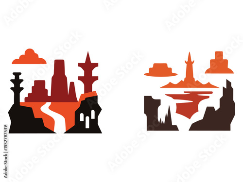 Orange and brown cityscapes with clouds and cliffs  fantasy landscapes with abstract buildings and rock formations  scenic views with orange clouds