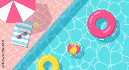 Summer Swimming Pool Top View with Inflatables and Umbrella Vector