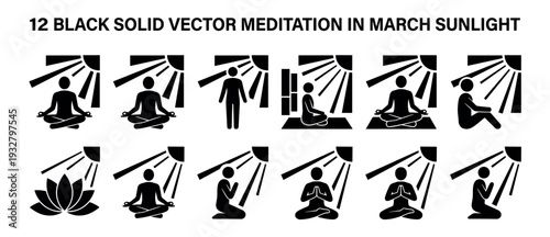 Set of twelve black solid vector icons showing a person meditating in various yoga poses under the sun, representing mindfulness, spirituality, and wellness, isolated on white