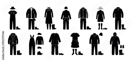 Various professional workwear outfits and accessories are displayed as black silhouettes, showcasing different uniforms and protective gear in a clean, minimalist style isolated on a white background