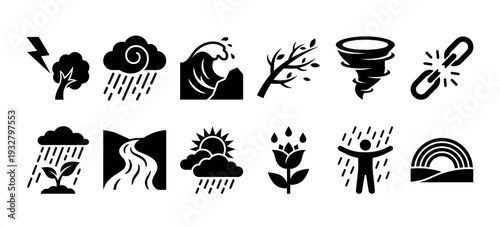 Collection of black glyph icons depicting natural disasters, weather events, and resilience concepts like storms, floods, and tornadoes, isolated on a white background