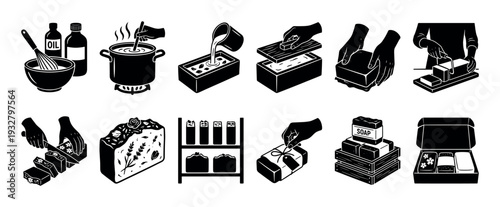 Handmade soap production step by step icons illustrating the entire crafting process from mixing ingredients to pouring, cutting, curing, and packaging the final bars
