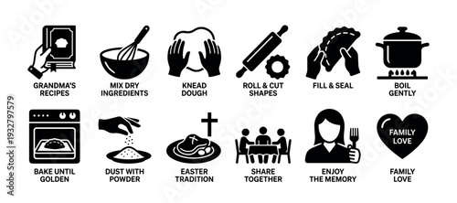 Black and white cooking instruction icon set illustrating a traditional family recipe for an Easter holiday meal, showing steps from kneading dough to sharing food together with love