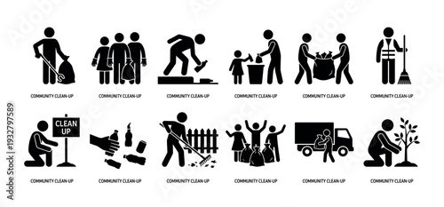 Set of black community clean-up icons showing volunteers picking up litter, planting trees, and disposing of garbage, illustrating teamwork and social responsibility