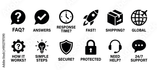 Set of black flat customer service icons representing support, shipping, security, and frequently asked questions for e-commerce websites, isolated on a white background