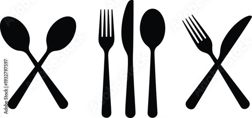 Fork, knife and spoon silhouette set, black cutlery and kitchen utensil icons isolated on white background, simple flat restaurant dining vector illustration