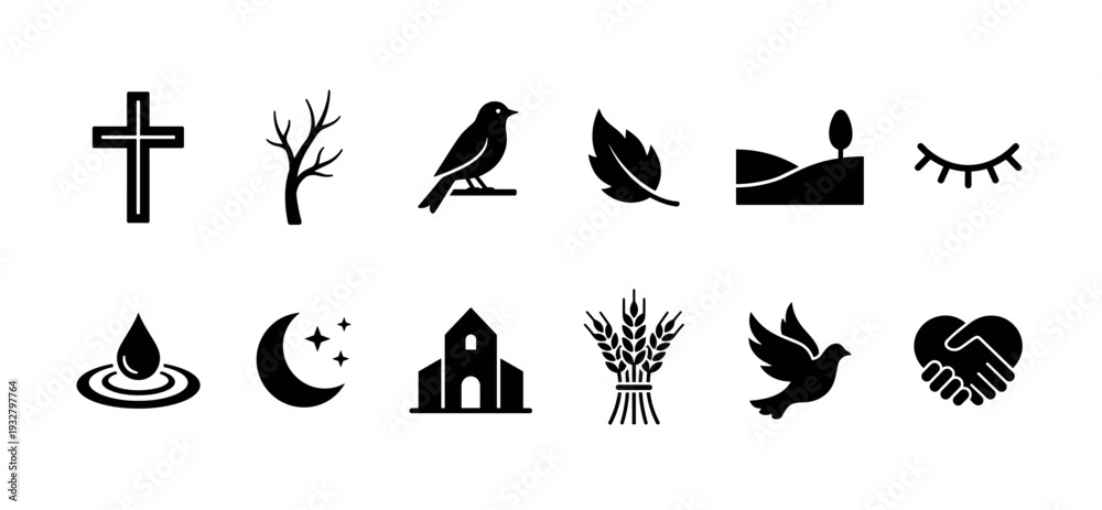 Fototapeta premium Set of diverse black silhouette icons representing nature, religion, and peace, including a cross, bird, leaf, church, dove, and handshake, isolated on a clean white background