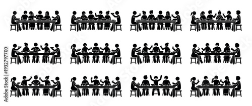 Set of black stick figure icons showing people eating together at a long table, depicting various social interactions like conversation, celebration, and using phones, isolated on white