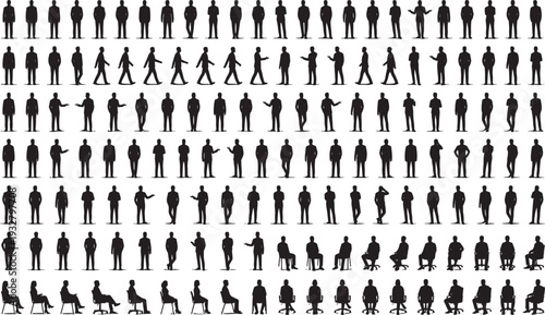 Mega collection of male silhouettes in standing walking and sitting poses, business character vector set