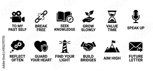 Twelve black silhouette icons representing life lessons and personal growth principles are neatly arranged in a grid on a clean white background, offering clear visual guidance