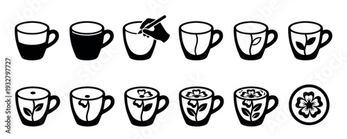 Set of black and white icons showing the step-by-step process of drawing a floral design on a coffee mug, from a blank cup to a finished artwork, isolated on a white background