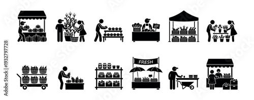 Set of farmers market stick figure pictograms showing people buying and selling fresh local produce, vegetables, fruits, and flowers, isolated on a white background