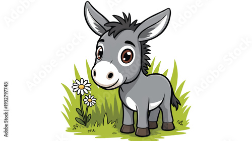 A cartoon illustration of a cute donkey with a gray coat and white muzzle standing in bright green grass (1)_traced