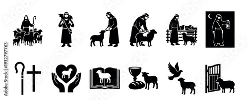 Biblical good shepherd and lamb icon set showing religious parables and Christian symbols like the cross, dove, and communion, isolated on a white background
