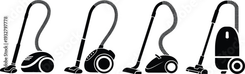 Vacuum cleaner silhouette collection with canister and upright models, black household cleaning appliance icons isolated on white background, modern home equipment vector set