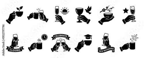 Black silhouette icon set of hands holding drinks for celebration, new beginnings, and daily rituals, a collection of minimalist vector graphics isolated on a white background