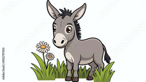 A cartoon illustration of a cute donkey with a gray coat and white muzzle standing in bright green grass (2)_traced