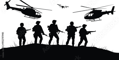 Army soldiers with helicopters silhouette vector illustration, military patrol team and air support isolated black defense scene