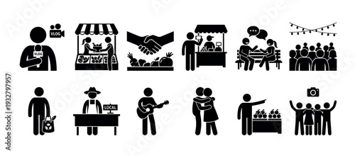 Set of black farmers market pictograms showing people shopping, selling local produce, socializing, and enjoying a community event, isolated on a white background