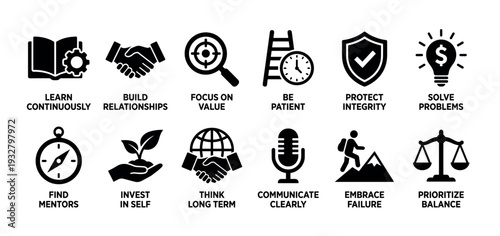 Set of twelve black glyph icons representing business principles and personal development concepts like learning, relationships, and integrity, isolated on a white background