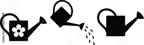 Watering can silhouette set with flower design and pouring water drops, black gardening tool icons isolated on white background, simple flat vector illustration