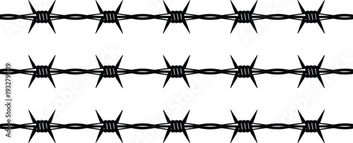 Barbed wire seamless pattern vector illustration, black razor fence border isolated security barrier design