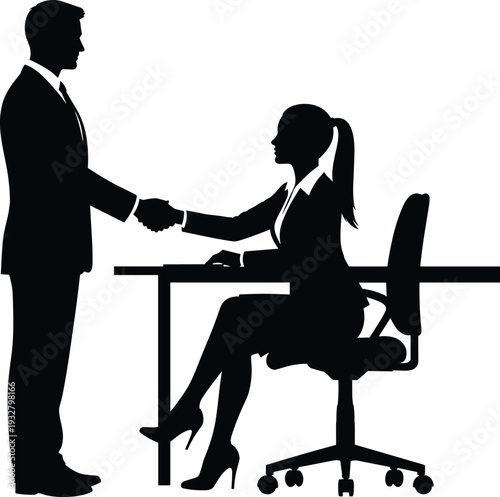 Business Professional Handshake Silhouette at Office Desk, Male and Female Corporate Partners Closing Deal, Job Interview Success Vector Illustration Template
