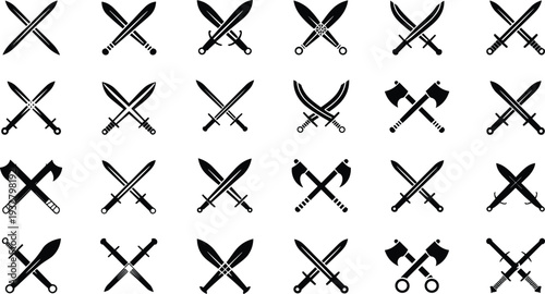 Crossed swords and axes silhouette icon set vector illustration, medieval weapon symbols collection isolated black battle emblems