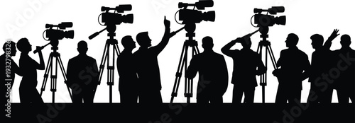 Media press conference silhouette vector illustration, journalists with video cameras recording interview and public announcement isolated black