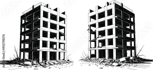 Destroyed urban apartment buildings vector illustration, damaged multi story structures isolated black white architectural disaster ruins