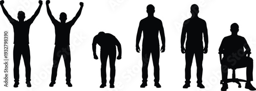 Set of black silhouettes showing diverse human body language including success celebration, bowing in respect, standing confident, and sitting in office chair.
