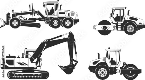 Construction machinery silhouette set featuring excavator, road roller, and motor grader, black heavy equipment vector icons for industrial building, engineering, and infrastructure.
