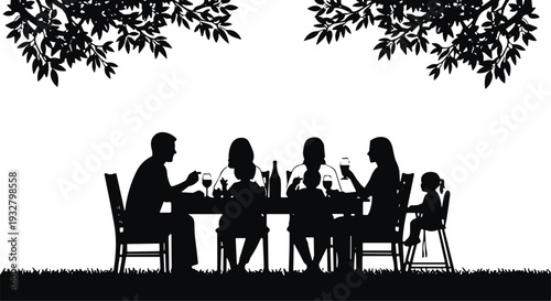 Family dinner silhouette scene under tree branches, parents and children eating together outdoor black vector illustration isolated on light background