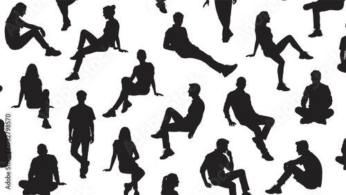 People sitting poses silhouette vector set, casual men and women isolated illustration collection