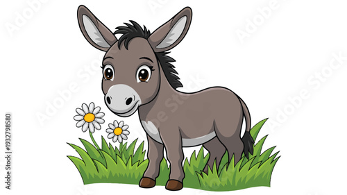 A cartoon illustration of a cute donkey with a gray coat and white muzzle standing in bright green grass (3)_traced