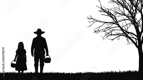 Father and daughter silhouette carrying baskets under tree, countryside family scene black vector illustration isolated on light background