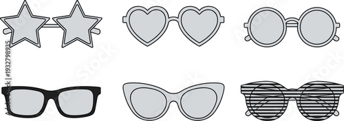 Set of Sunglasses Vector Icons Including Star, Heart, and Round Shapes, Fashion Eyewear Silhouettes for Summer Beach Party and Retro Design